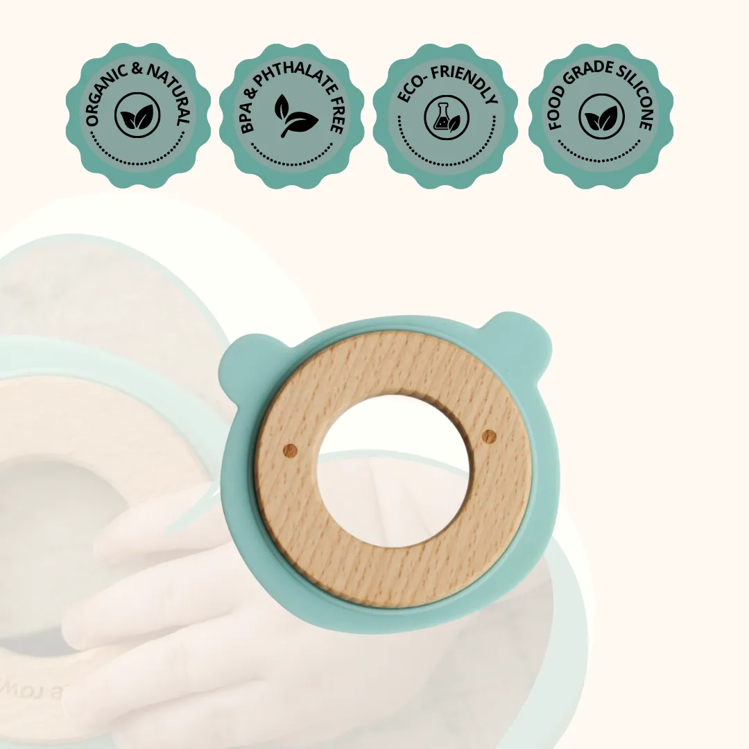 Wood   Silicone Disc Teether Toy - Blue
